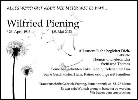 Traueranzeige von Wilfried Piening von Allgemeine Zeitung Mainz