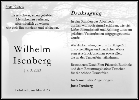 Traueranzeige von Wilhelm Isenberg von Oberhessen Kurier