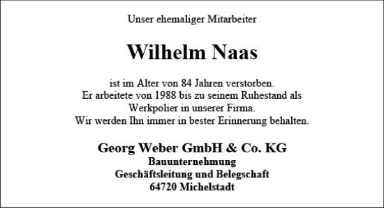 Traueranzeige von Wilhelm Naas von Odenwälder Echo