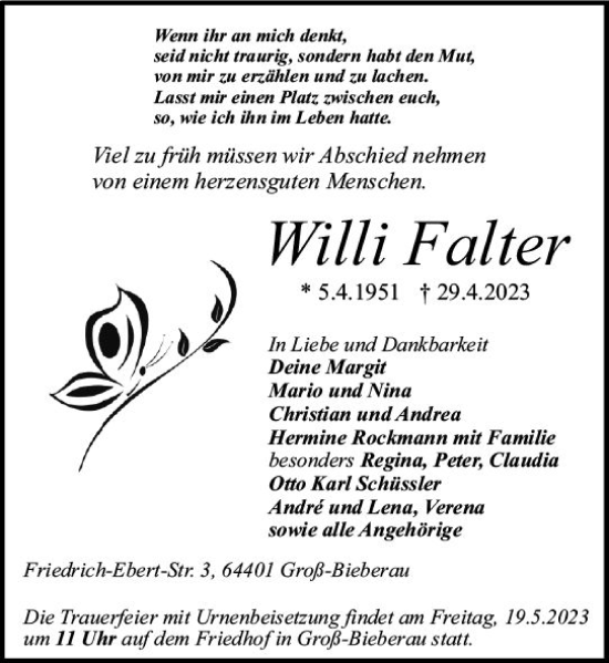 Traueranzeige von Willi Falter von Darmstädter Echo