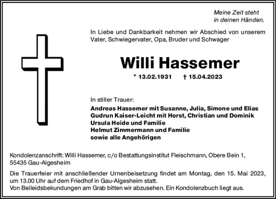 Traueranzeige von Willi Hassemer von Allgemeine Zeitung Bingen/Ingelheim