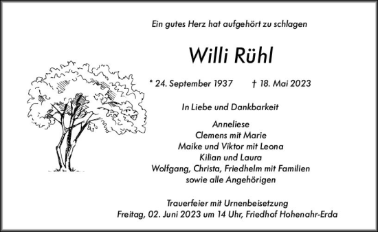 Traueranzeige von Willi Rühl von Wetzlarer Neue Zeitung