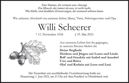 Traueranzeige von Willi Scheerer von Wiesbadener Kurier