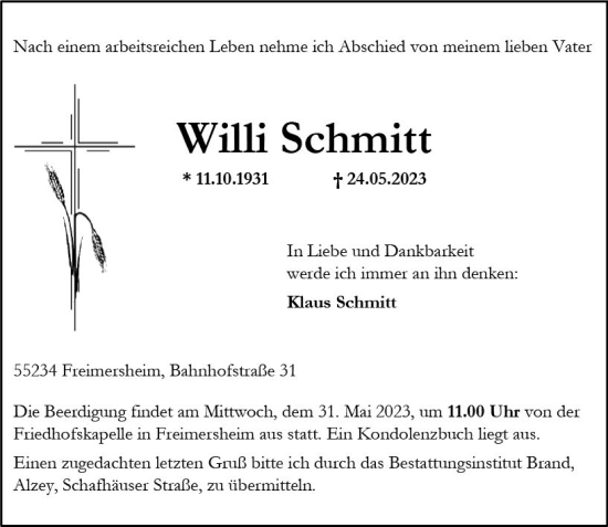 Traueranzeige von Willi Schmitt von Allgemeine Zeitung Alzey
