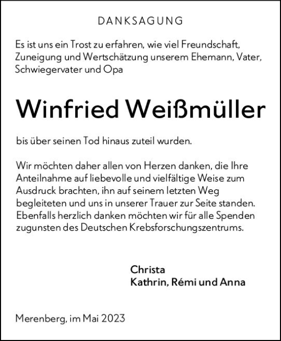 Traueranzeige von Winfried Weißmüller von Weilburger Tageblatt