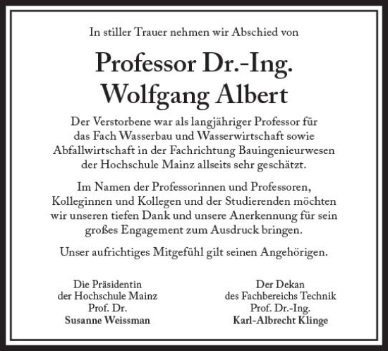 Traueranzeige von Wolfgang Albert von Allgemeine Zeitung Mainz