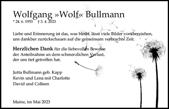 Traueranzeige von Wolfgang Bullmann von Allgemeine Zeitung Mainz