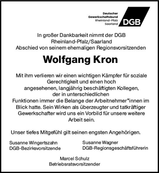 Traueranzeige von Wolfgang Kron von Allgemeine Zeitung Mainz