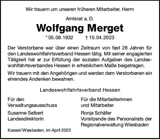 Traueranzeige von Wolfgang Merget von Wiesbadener Kurier