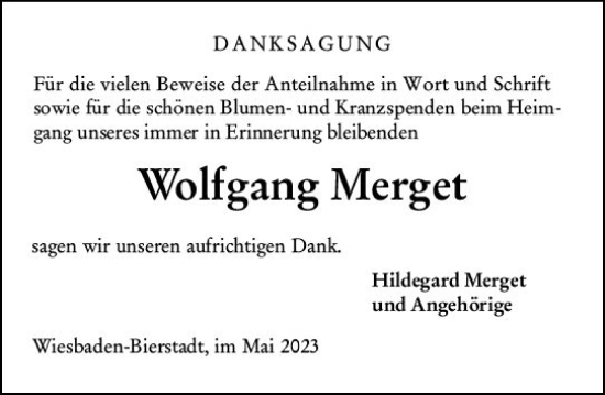 Traueranzeige von Wolfgang Merget von Wiesbadener Kurier