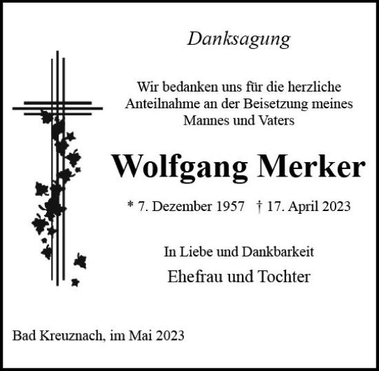 Traueranzeige von Wolfgang Merker von Allgemeine Zeitung Bad Kreuznach