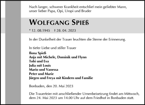 Traueranzeige von Wolfgang Spieß von Wetzlarer Neue Zeitung