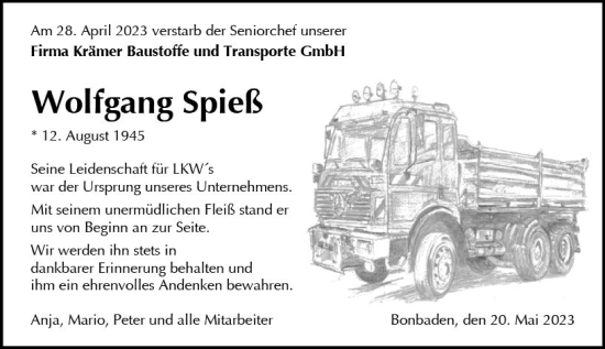 Traueranzeige von Wolfgang Spieß von Wetzlarer Neue Zeitung