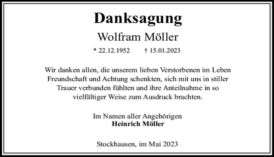 Traueranzeige von Wolfram Möller von Oberhessen Kurier