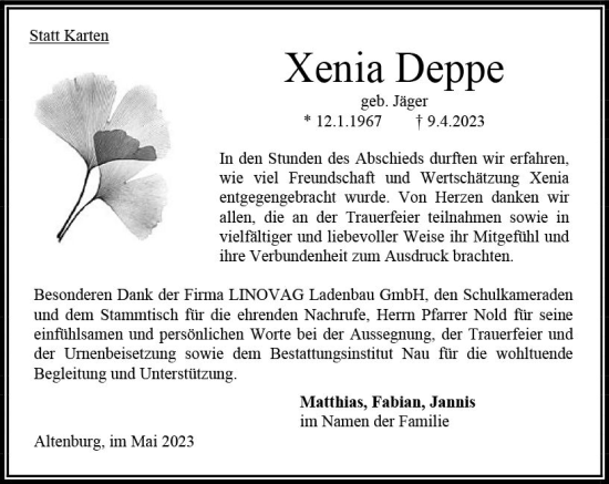 Traueranzeige von Xenia Deppe von Oberhessen Kurier