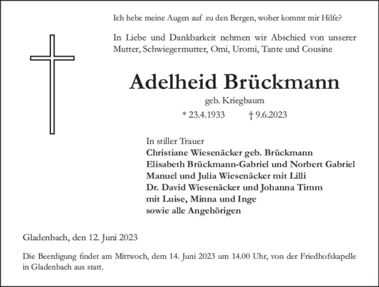 Traueranzeige von Adelheid Brückmann von Hinterländer Anzeiger
