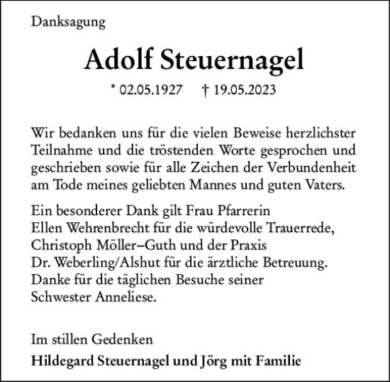 Traueranzeige von Adolf Steuernagel von Wetzlarer Neue Zeitung