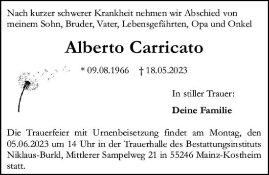 Traueranzeige von Alberto Carricato von Allgemeine Zeitung Mainz