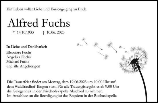 Traueranzeige von Alfred Fuchs von Allgemeine Zeitung Bingen/Ingelheim
