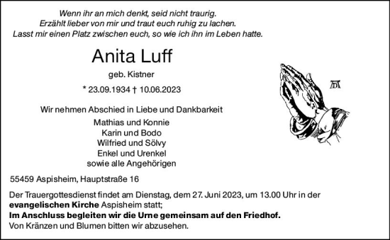 Traueranzeige von Anita Luff von Allgemeine Zeitung Bingen/Ingelheim