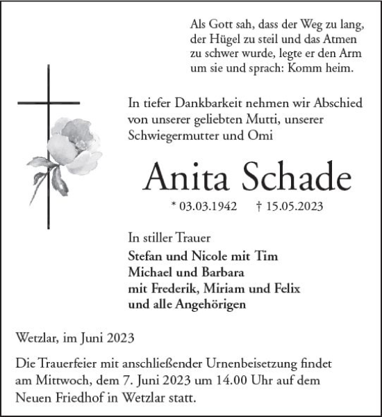 Traueranzeige von Anita Schade von Wetzlarer Neue Zeitung
