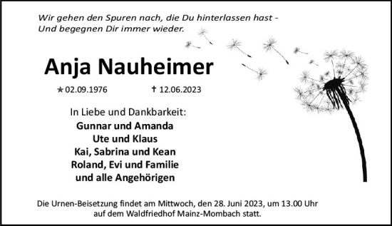 Traueranzeige von Anja Nauheimer von Allgemeine Zeitung Mainz