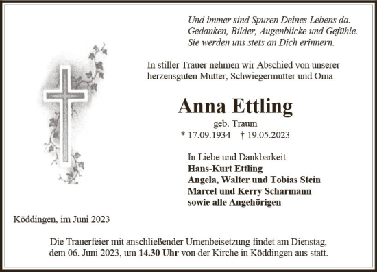 Traueranzeige von Anna Ettling von VRM Trauer