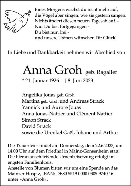 Traueranzeige von Anna Groh von Allgemeine Zeitung Mainz