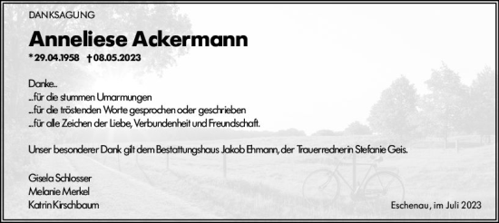Traueranzeige von Anneliese Ackermann von Weilburger Tageblatt