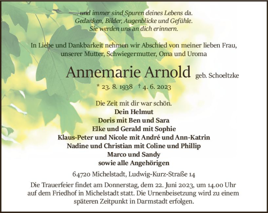 Traueranzeige von Annemarie Arnold von Odenwälder Echo