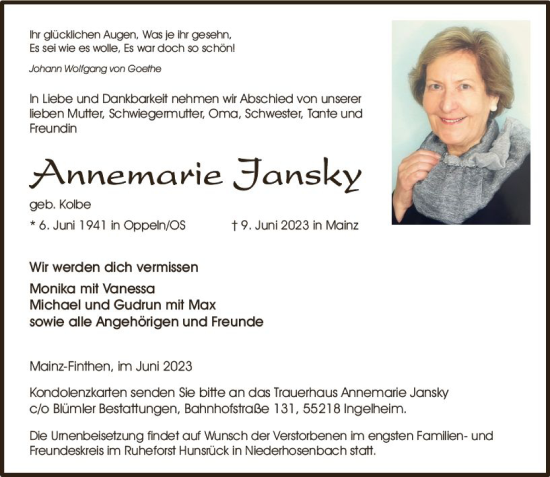 Traueranzeige von Annemarie Jansky von Allgemeine Zeitung Mainz Traueranzeige von Annemarie Jansky von Allgemeine Zeitung Mainz