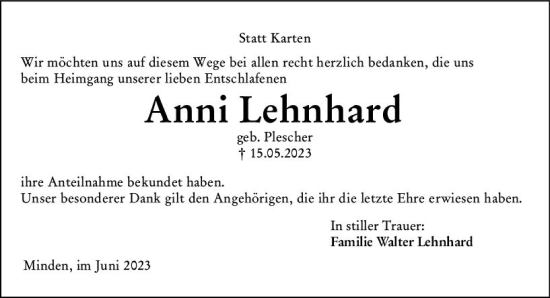 Traueranzeige von Anni Lehnhard von Dill Block
