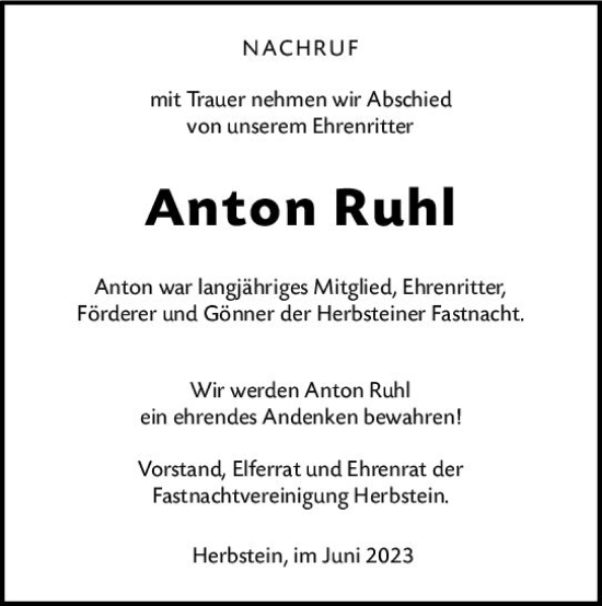 Traueranzeige von Anton Ruhl von VRM Trauer