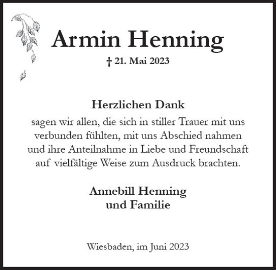 Traueranzeige von Armin Henning von Wiesbadener Kurier