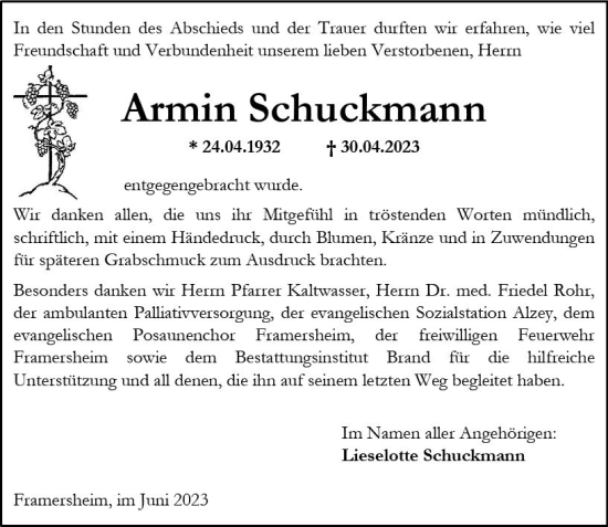 Traueranzeige von Armin Schuckmann von Allgemeine Zeitung Alzey