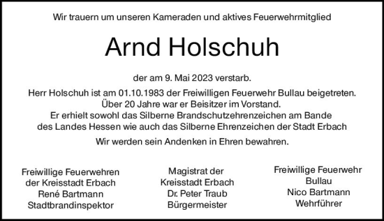 Traueranzeige von Arnd Holschuh von Odenwälder Echo