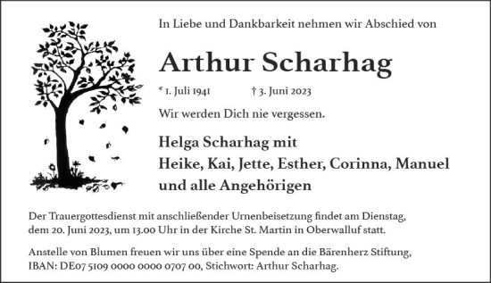 Traueranzeige von Arthur Scharhag von Wiesbadener Kurier