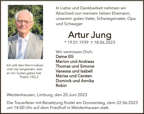 Traueranzeige von Artur Jung von Hinterländer Anzeiger