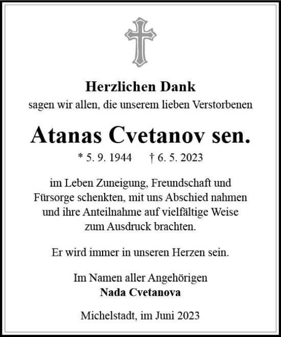 Traueranzeige von Atanas Cvetanov von Odenwälder Echo