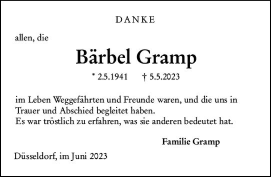 Traueranzeige von Bärbel Gramp von Darmstädter Echo