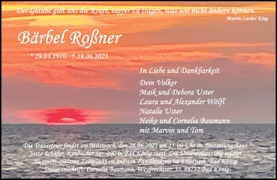 Traueranzeige von Bärbel Roßner von Odenwälder Echo