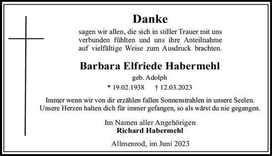 Traueranzeige von Barbara Elfriede Habermehl von VRM Trauer