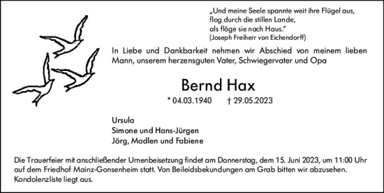 Traueranzeige von Bernd Hax von Allgemeine Zeitung Mainz
