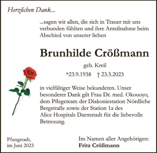 Traueranzeige von Brunhilde Crößmann von Darmstädter Echo