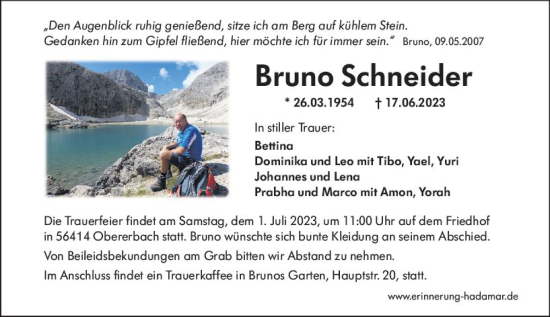 Traueranzeige von Bruno Schneider von Nassauische Neue Presse