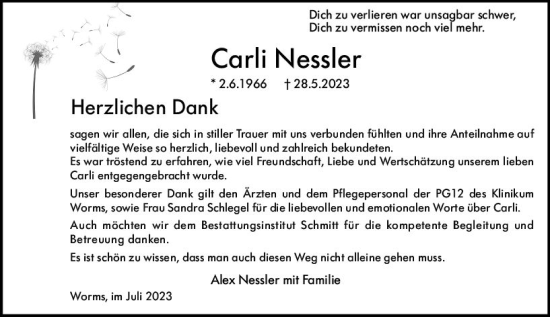 Traueranzeige von Carli Nessler von Wormser Zeitung