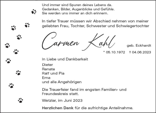 Traueranzeige von Carmen Kahl von Wetzlarer Neue Zeitung