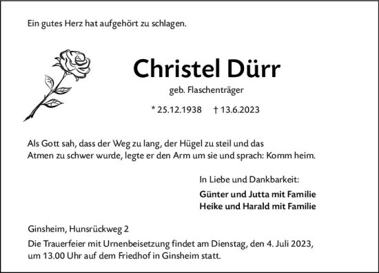 Traueranzeige von Christel Dürr von Rüsselsheimer Echo