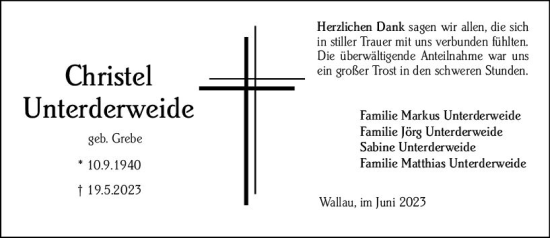 Traueranzeige von Christel Unterderweide von Hinterländer Anzeiger
