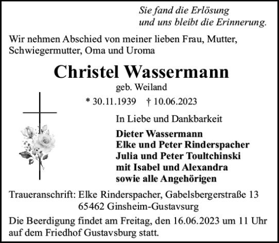 Traueranzeige von Christel Wassermann von Allgemeine Zeitung Mainz